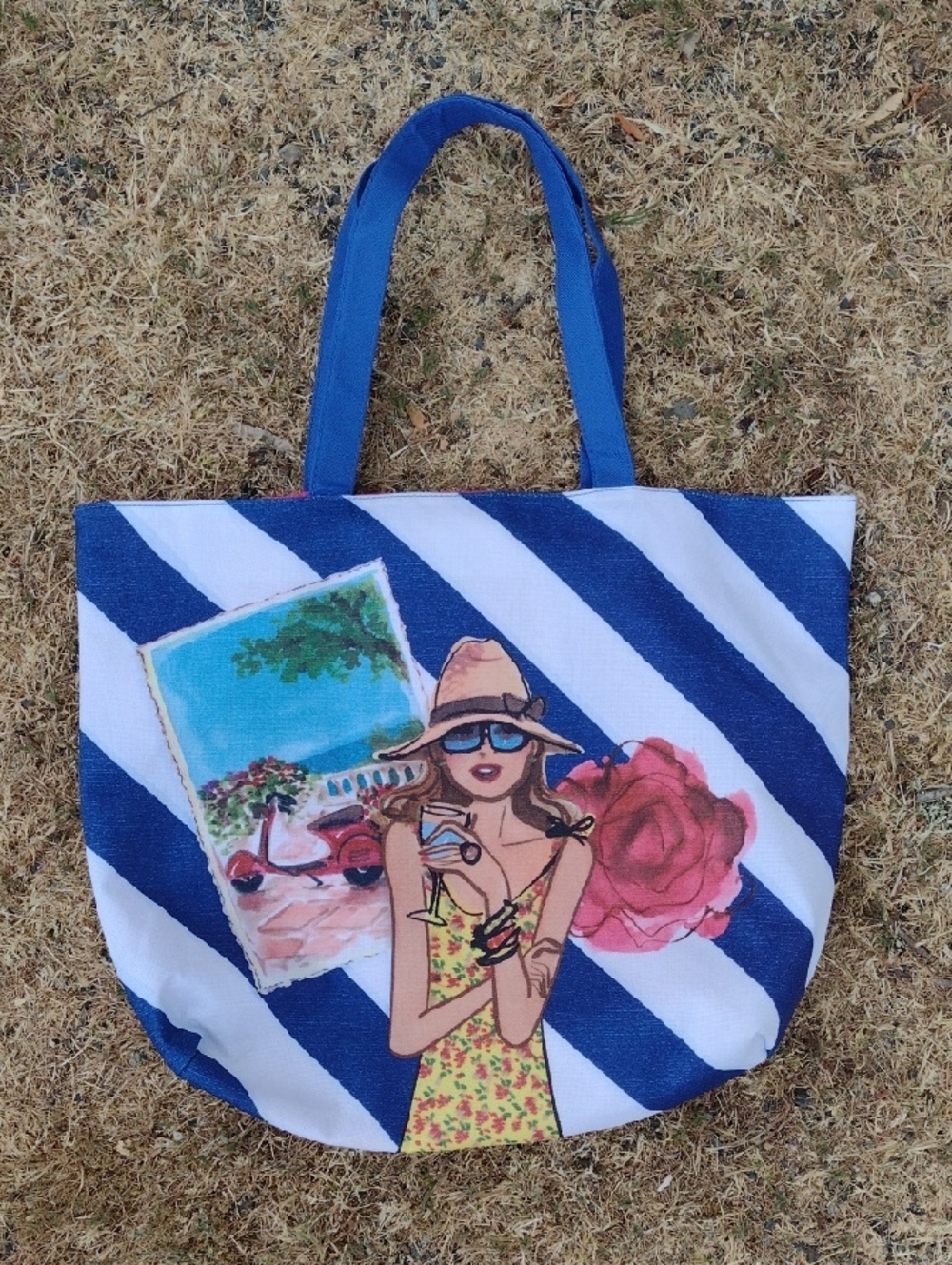 Lancome Paris Striped Blue & White Summer Tote Bag with Fashion Illustration